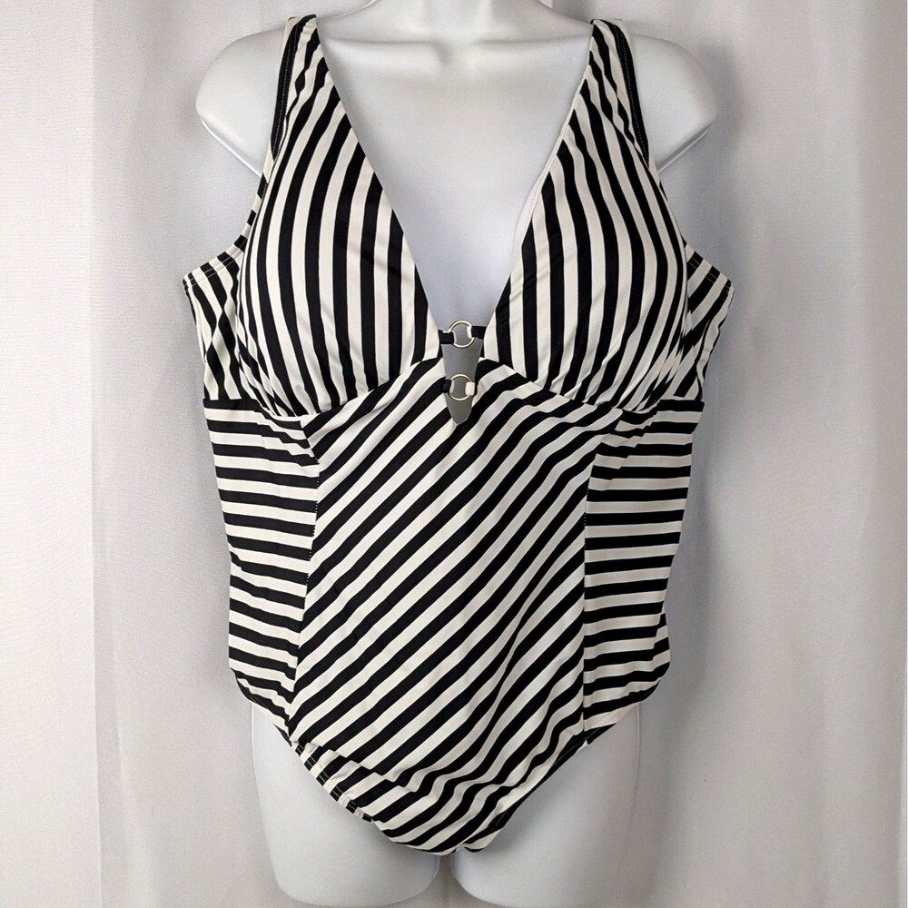 Swimsuits For All Striped One-Piece Swimsuit Black White Size 20